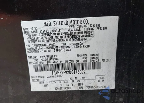 2013 Ford Taurus Sel from USA, damaged, VIN 1FAHP2E92DG145092